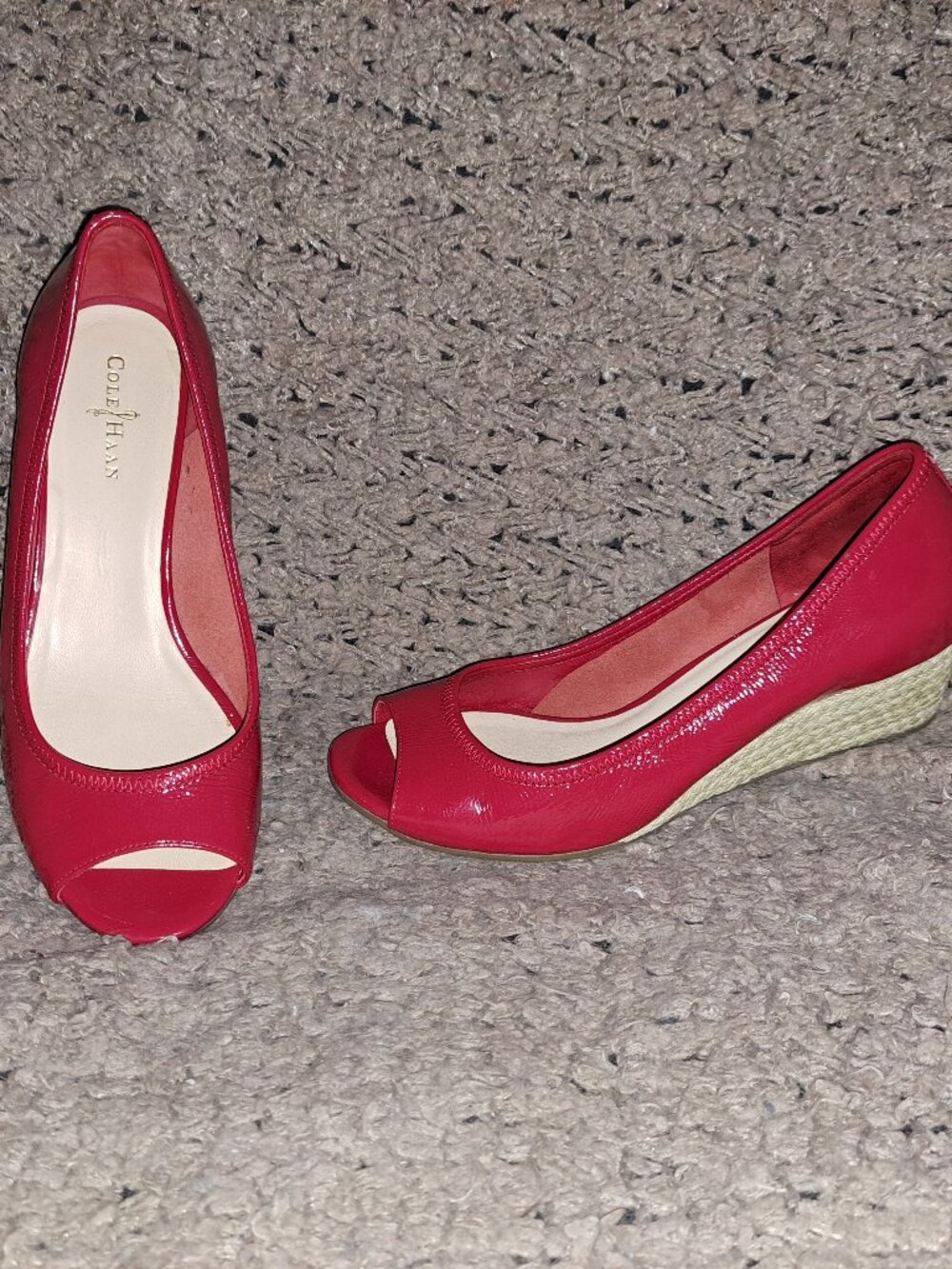 COLE HAAN- Cherry Red Patent Leather-Peep Toe Espadrille Wedge-Sz 6-Near Mint